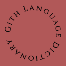 A square red banner reading Gith Language Dictionary, words arranged in a circle.